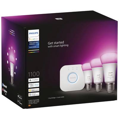Balení Philips Hue White and Color Ambiance chytrých LED žárovek. Obsahuje 3 žárovky E27 a základní stanici Hue Bridge. Kompatibilní s Apple Home a Google Home.