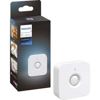 Bílý pohybový senzor v černém obalu; na obalu je logo Philips Hue a obrázky produktu.