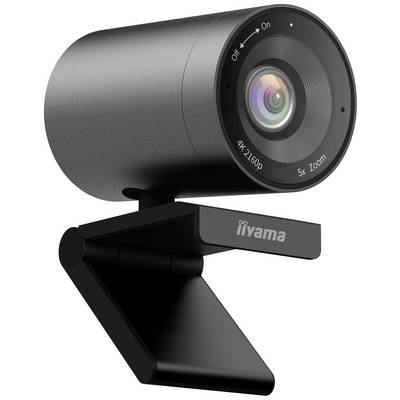 Černá webová kamera s rozlišením 4K a 5násobným zoomem, připevněná na nastavitelném clipsu, označená logem 'iiyama'.