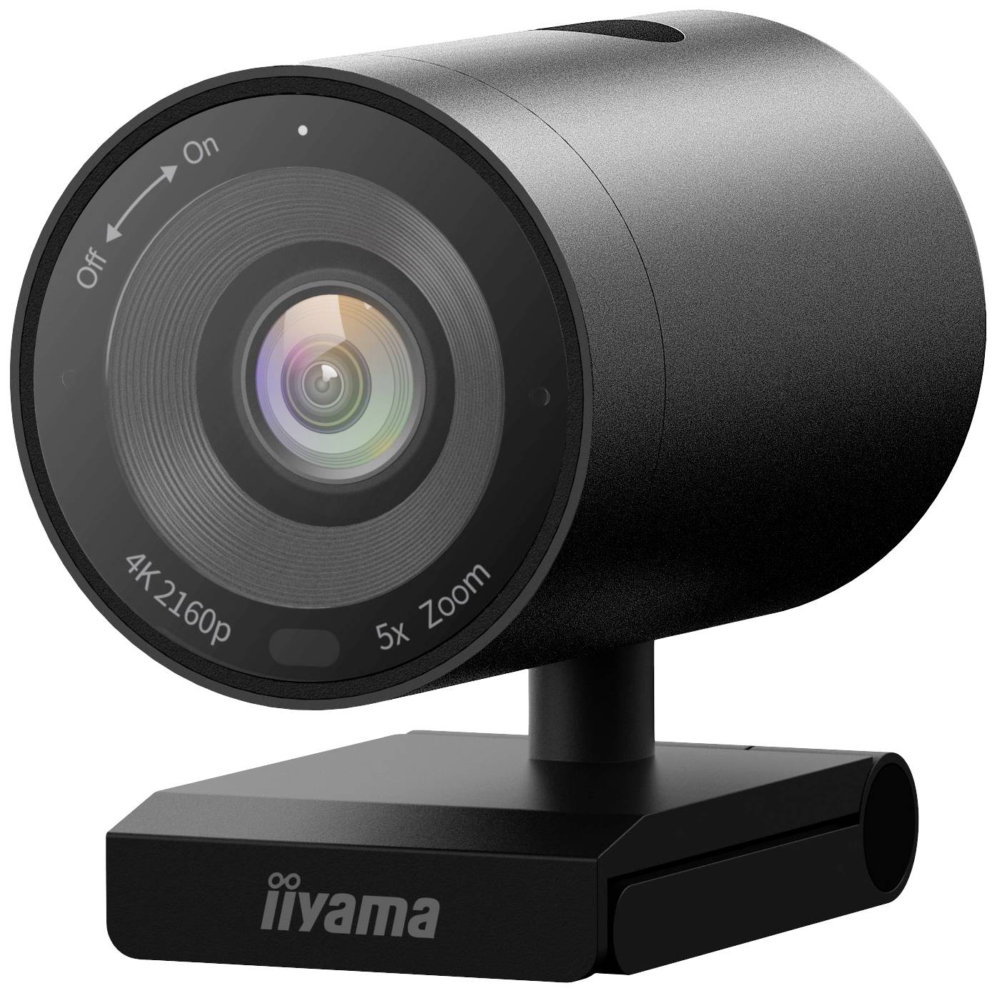 Černá webová kamera od iiyama s rozlišením 4K a 5násobným přiblížením, vhodná pro videohovory nebo nahrávání.
