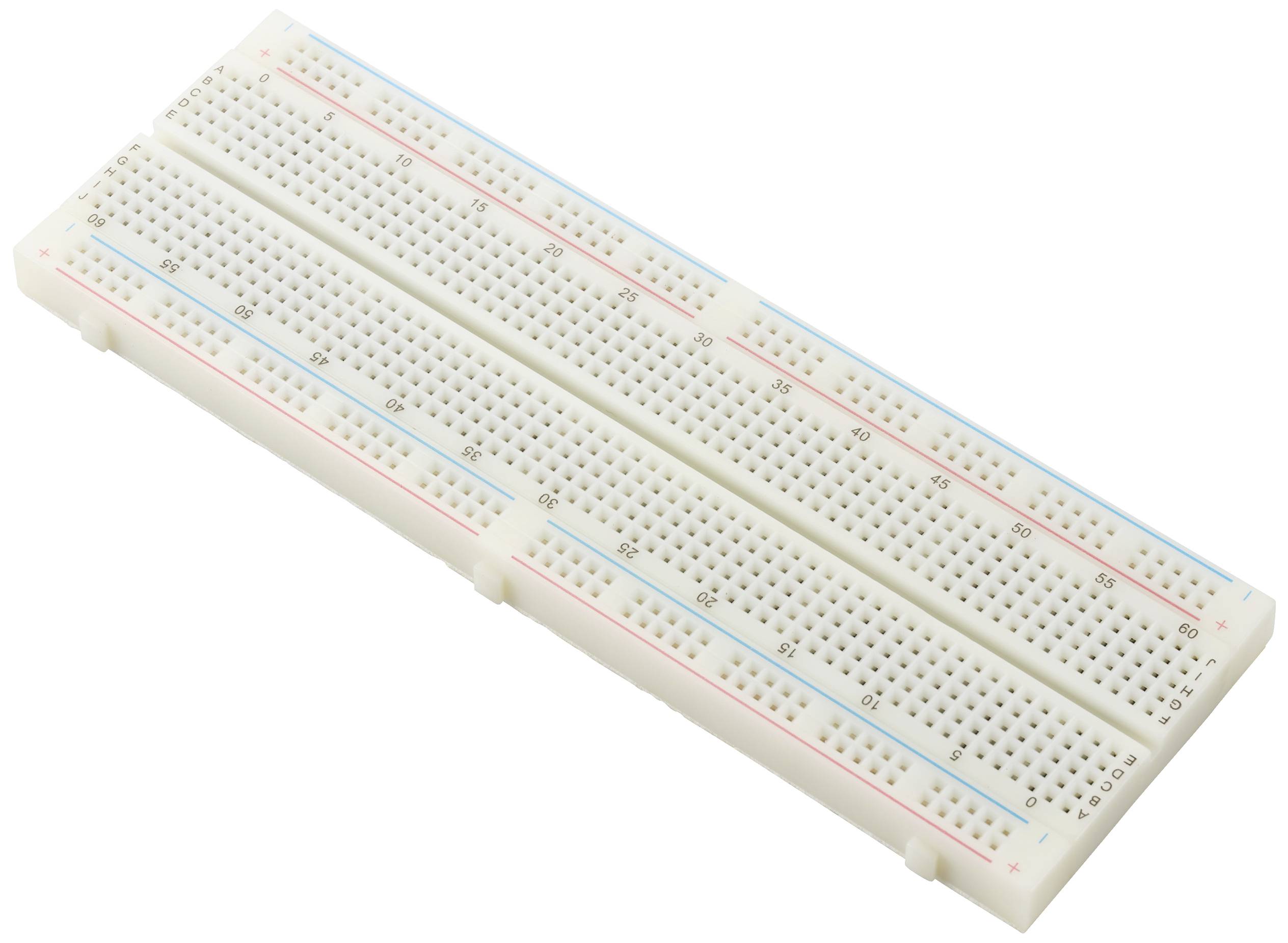 Deska s číslovanými řadami a sloupci pro zapojování elektronických komponentů.