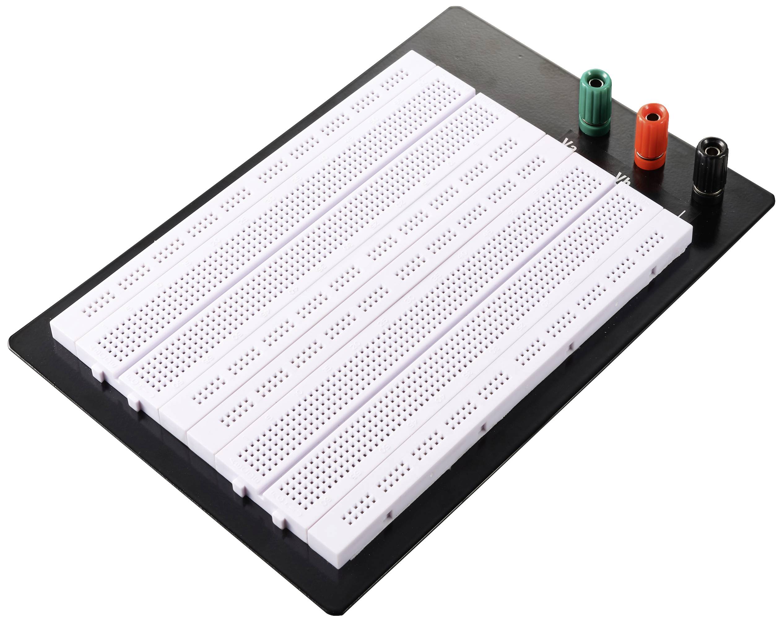 Nepájivé kontaktní pole se třemi barevnými konektory (zelený, červený, černý) pro tvorbu elektrických obvodů, upevněné na černém podkladu.