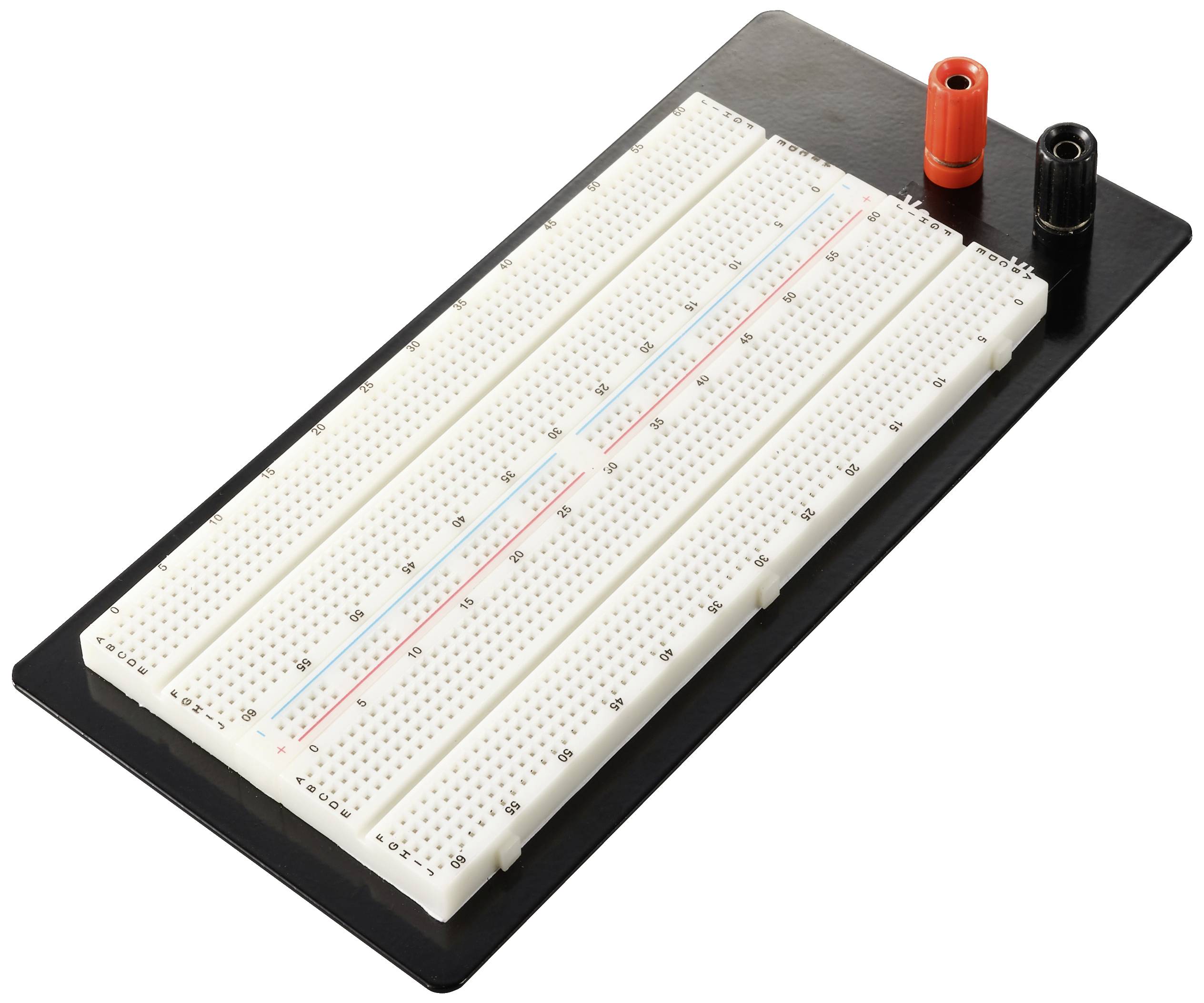 Nepájivé kontaktní pole s několika pájecími body, červenými a černými připojovacími svorkami, určené pro vývoj elektronických prototypů.