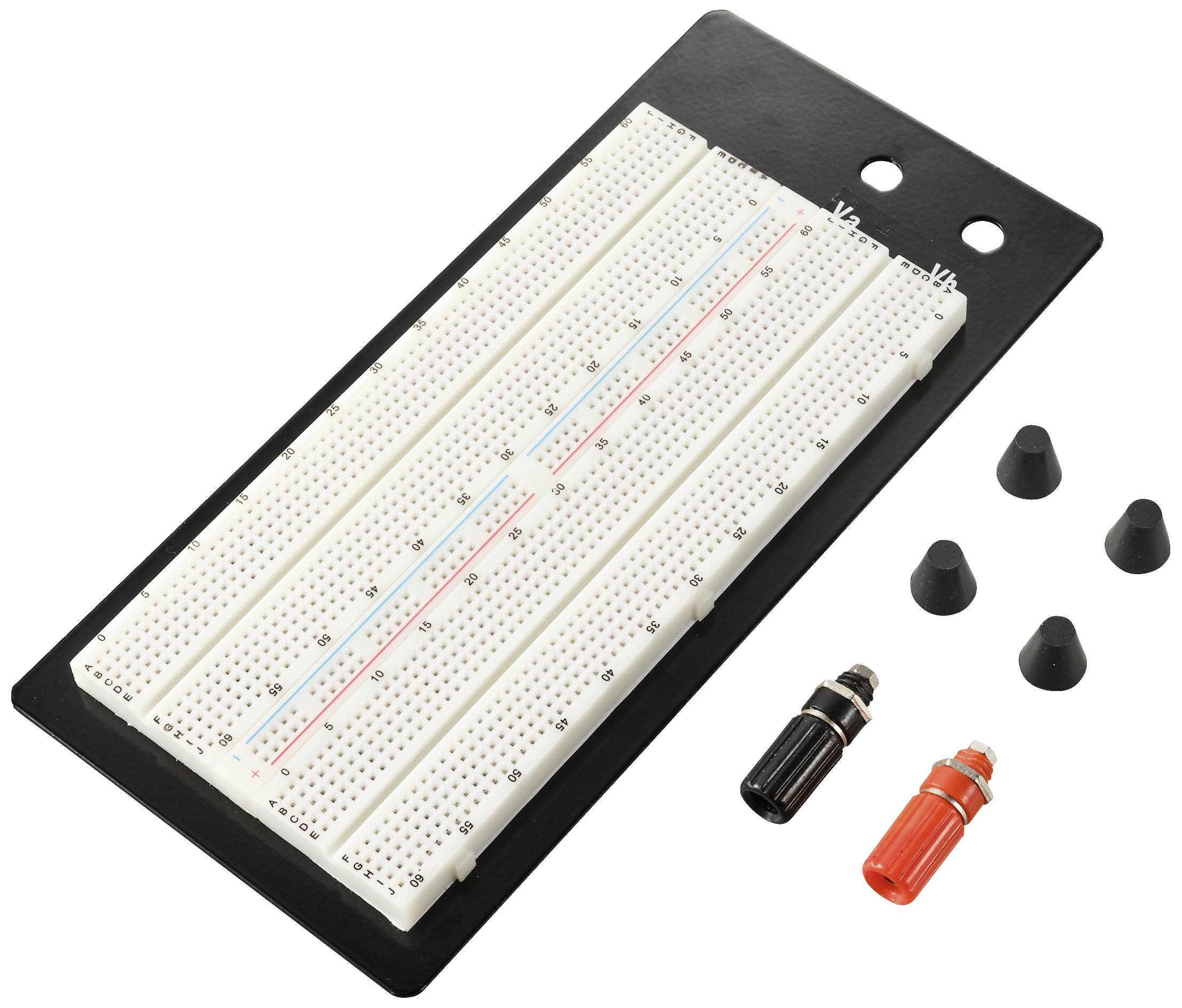 Nepájivé kontaktní pole na černém podkladu se čtyřmi gumovými krytkami a dvěma banánkovými konektory v černé a červené barvě. Ideální pro experimenty s elektrickými obvody.