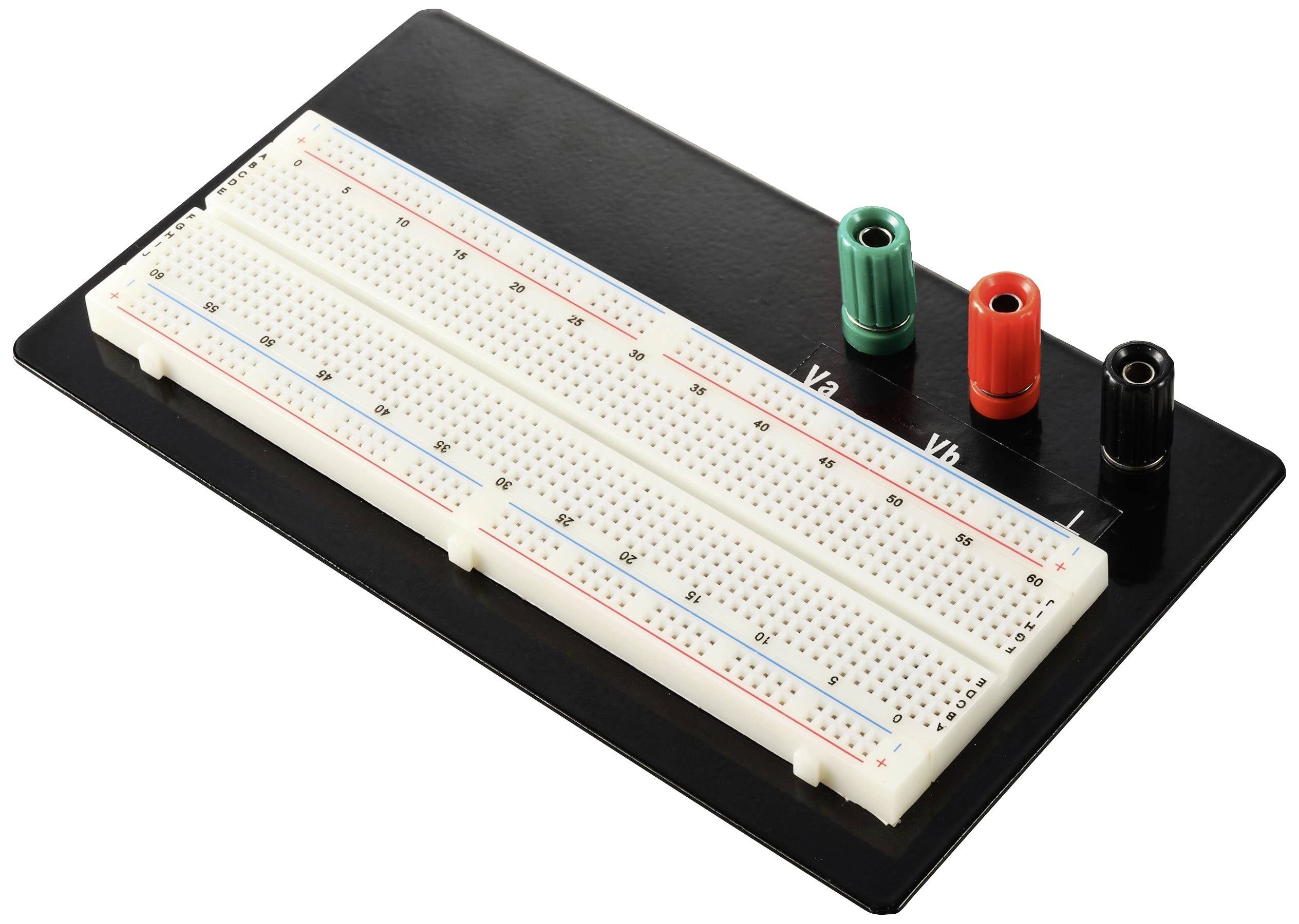 Kontaktní deska se dvěma svorkami napětí (zelená, červená) na černém pozadí. Vhodná pro tvorbu elektronických obvodů.