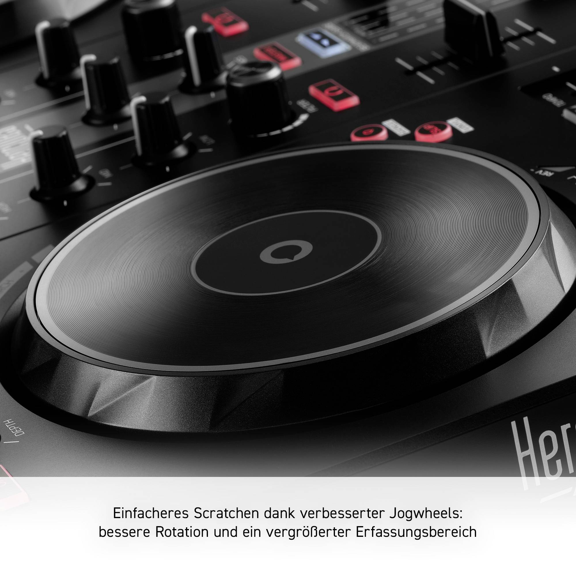 DJ vybavení s velkým joghweelem, vylepšeným snímacím rozsahem a ovládacími tlačítky. Text popisuje zjednodušené scratching.