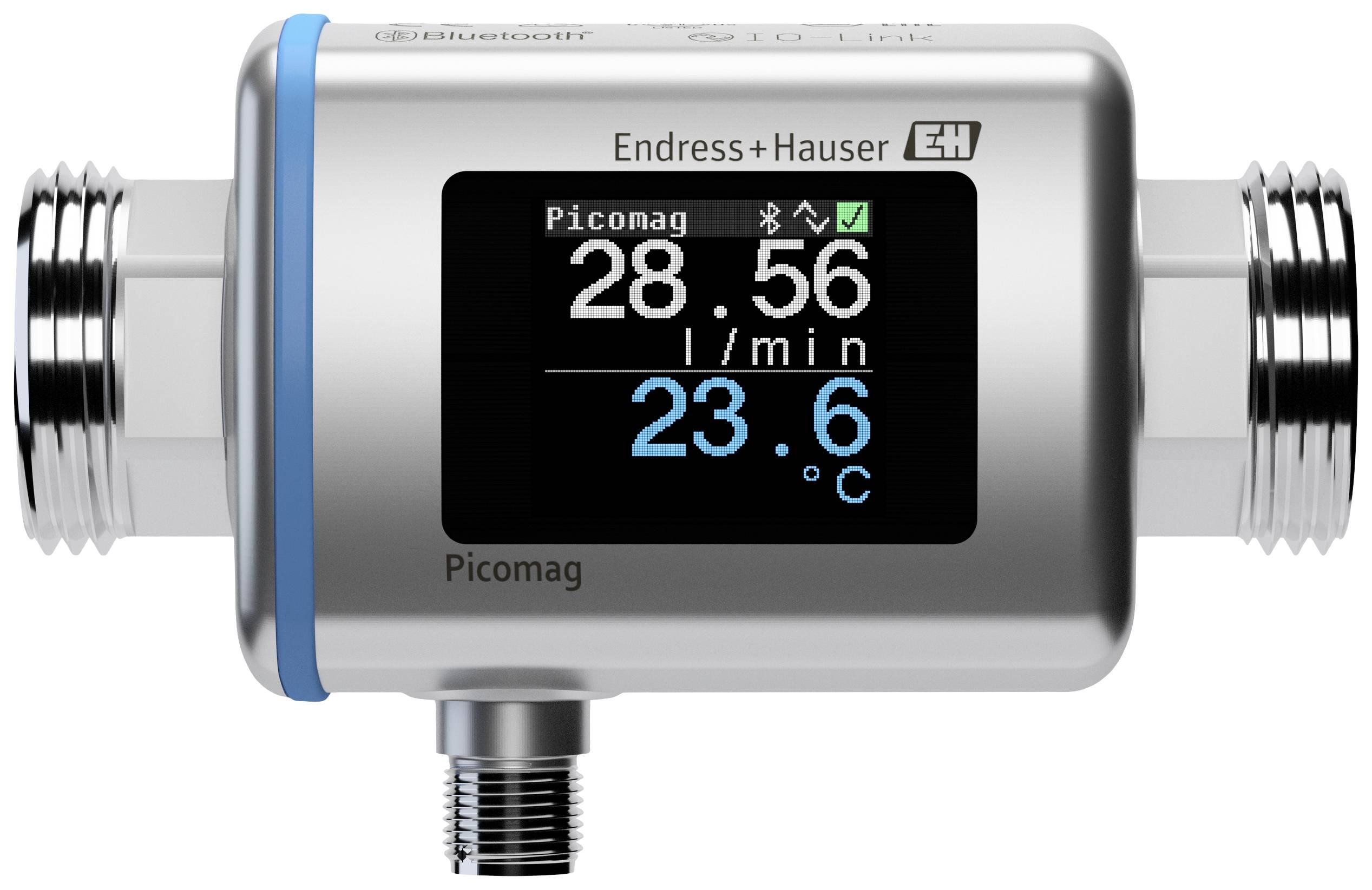 Obrázek ukazuje průtokoměr Endress+Hauser Picomag. Na displeji je zobrazeno 28,56 l/min a 23,6 °C.