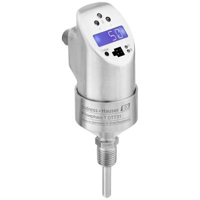 Průmyslový průtokový senzor z kovu s digitálním displejem nahoře. Zobrazuje '50'. Označen štítkem 'Endress+Hauser Flowphant T DTT31'.