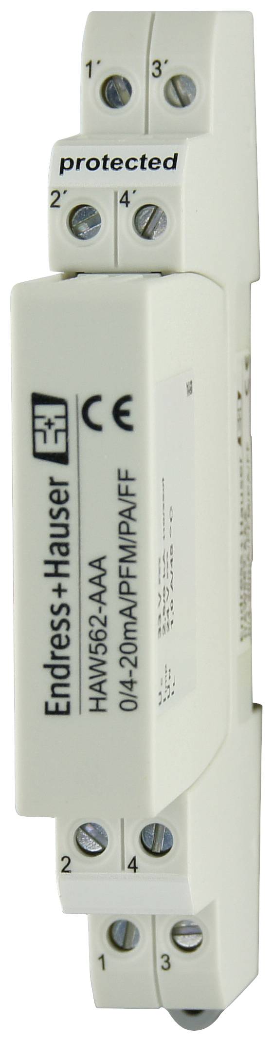Bílé elektrické zařízení společnosti Endress+Hauser, model HAW562-AAA, označené CE a EN značkami, s nápisem 'chráněno'.