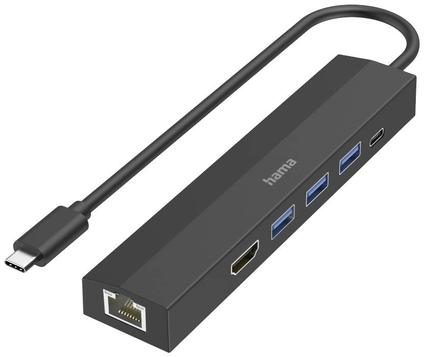 Černý USB-C hub s více porty, včetně HDMI, Ethernetu, dvou USB-A portů a jednoho USB-C portu.