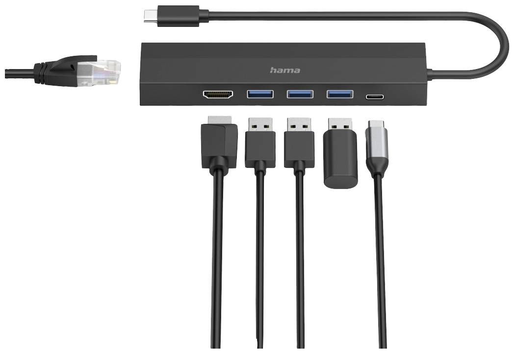 Černý USB-C hub s několika porty: HDMI, USB, Ethernet a USB-C. Propojuje různá zařízení s počítačem.