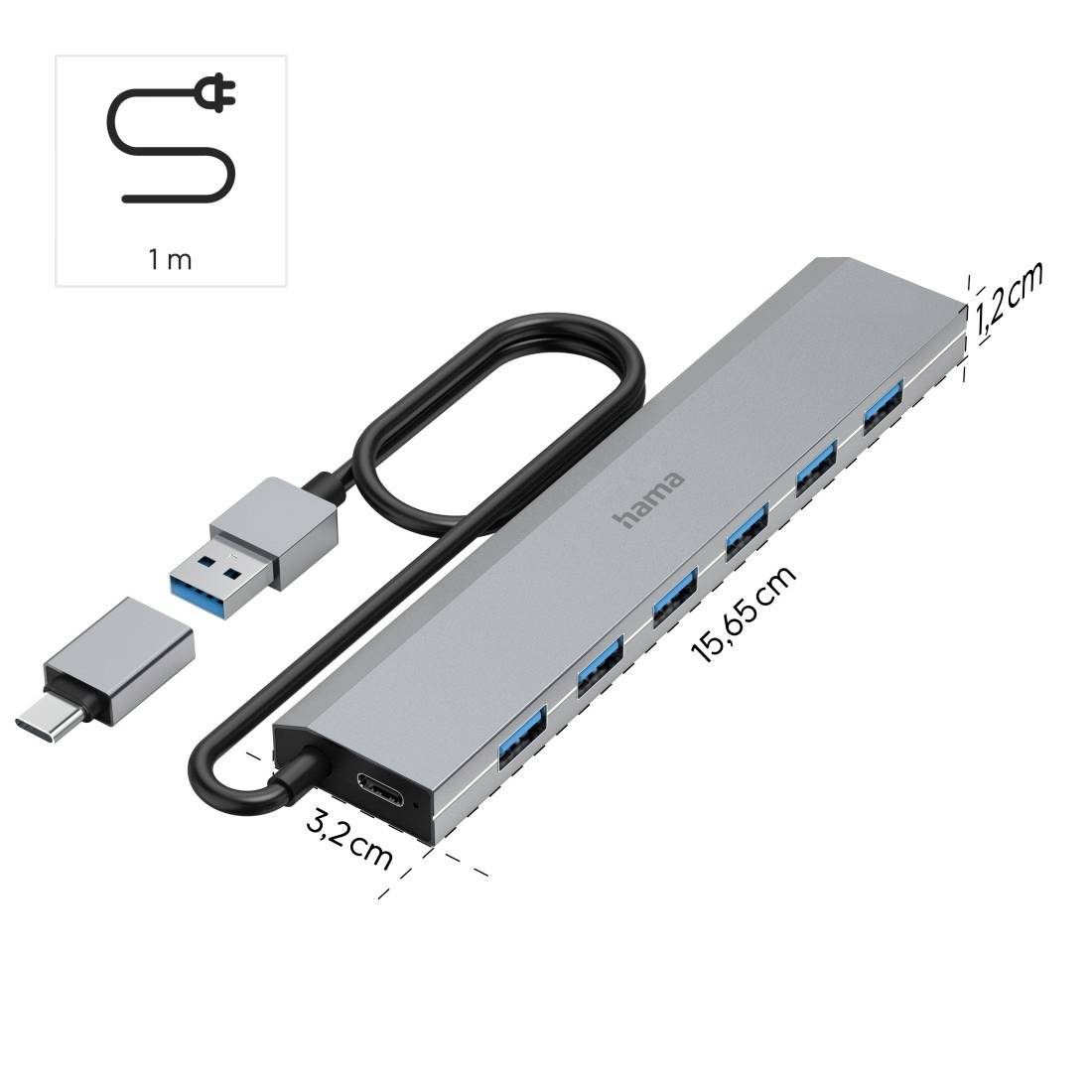 USB hub se šesti porty, kovový kryt, 15,6 x 3,2 x 1,2 cm, USB-C připojení, odnímatelný adaptér. Kabel dlouhý 1 metr.