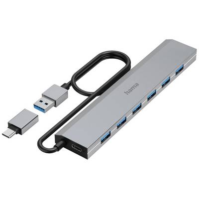 Stříbrný USB hub s šesti modrými USB porty a připojeným kabelem, který má na obou stranách různé USB konektory.