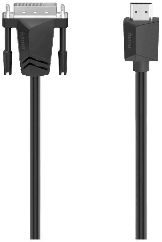 'DVI na HDMI kabel od Hama, černé barvy, s obdélníkovými koncovkami na obou stranách, určený pro propojení DVI a HDMI zařízení.'