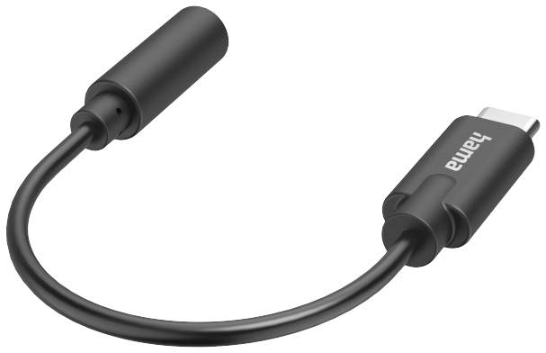Adaptérový kabel s konektorem USB-C a 3,5mm jackem, označený logem 'hama', určený pro připojení sluchátek k zařízením bez tradiční sluchátkové zdířky.