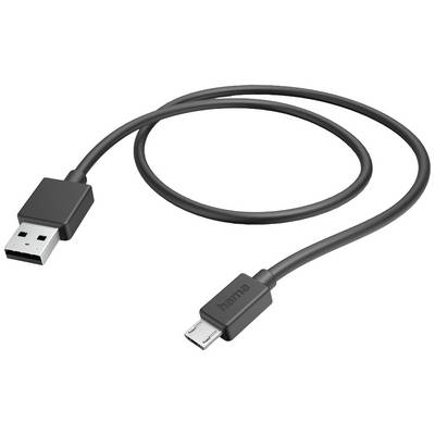 Černý USB kabel s USB-A konektorem na jednom konci a micro-USB konektorem na straně druhé, umístěný na bílém pozadí.