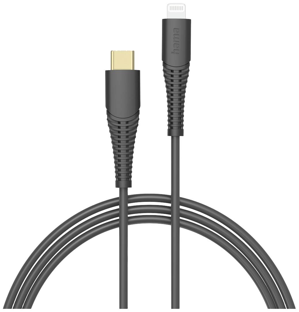 Černošedý USB-C na Lightning kabel se zesílenými konektory, vhodný pro nabíjení a přenos dat mobilních zařízení.