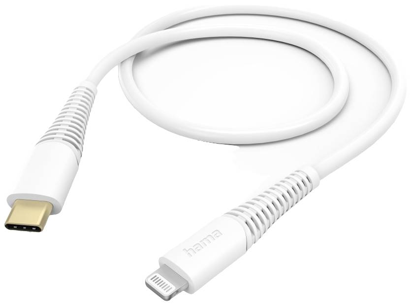 Bílý kabel s konektory USB-C a Lightning.