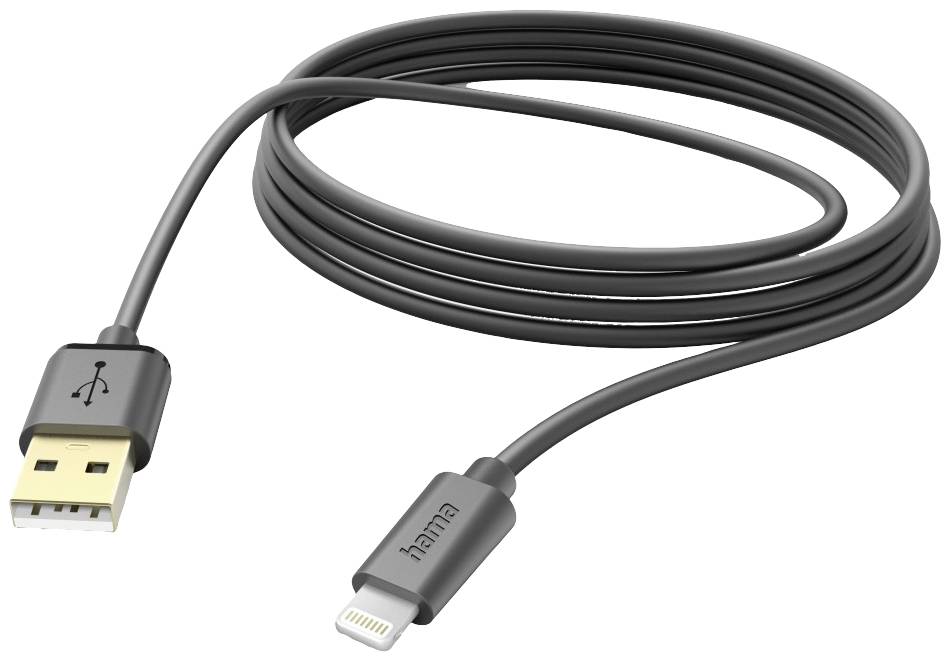 Černý kabel s konektorem USB-A na jedné straně a Lightning konektorem na straně druhé, vhodný pro zařízení Apple.