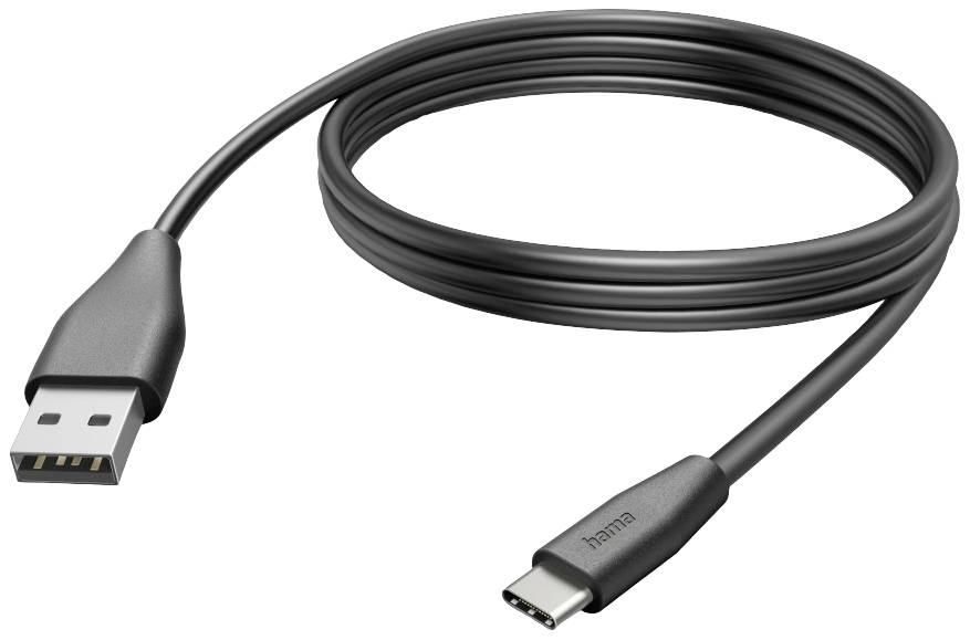 USB kabel s USB-A konektorem na USB-C konektor, vhodný pro přenos dat a nabíjení zařízení. Černý kabel, délka přibližně 1 metr.