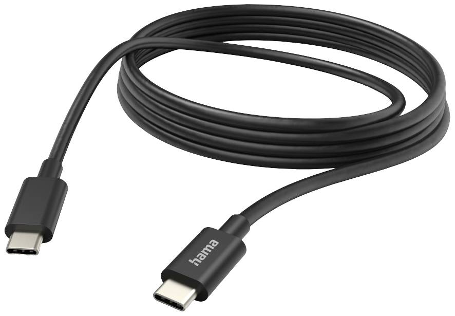 Černý USB-C kabel s konektory USB-C na obou stranách. Vhodný pro přenos dat a nabíjení zařízení.