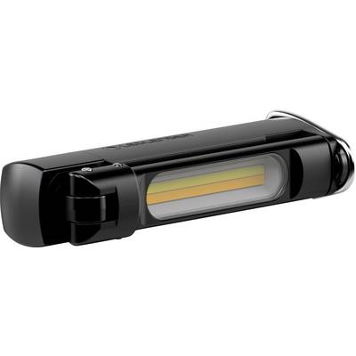 Černá LED svítilna s obdélníkovým průhledným sklem a bočním otočným mechanismem leží na bílém pozadí.