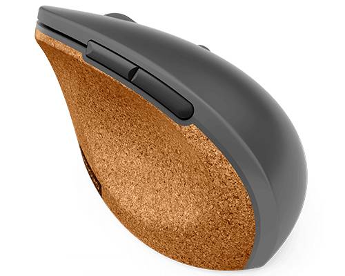 Počítačová myš v ergonomickém designu, černý horní povrch s měděně zabarvenou boční plochou, dvě tlačítka a kolečko pro scrollování.