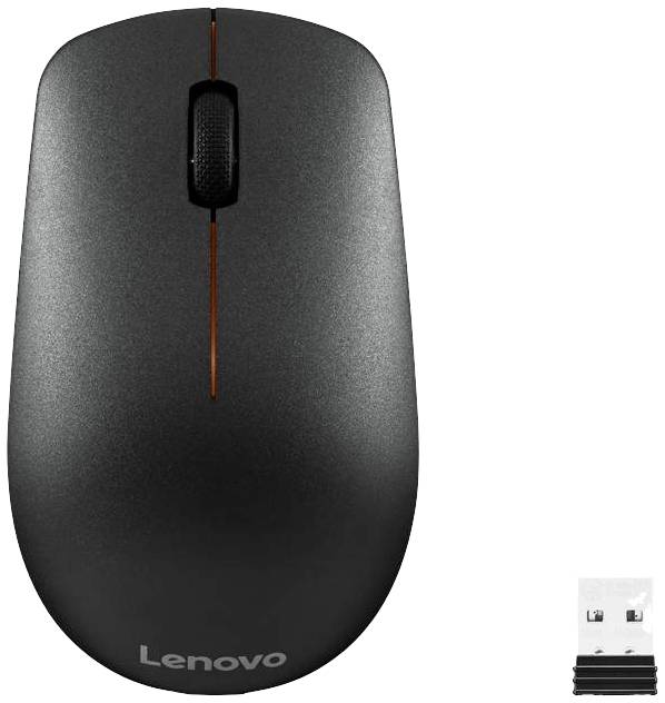 Bezdrátová myš Lenovo s USB přijímačem vedle ní.
