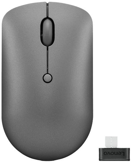 Bezdrátová šedá počítačová myš s USB přijímačem, označená logem 'Lenovo'.