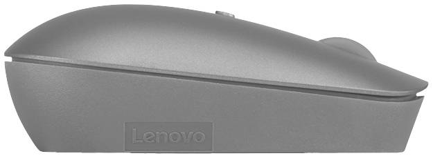 Šedá počítačová myš Lenovo pohledem z boku.
