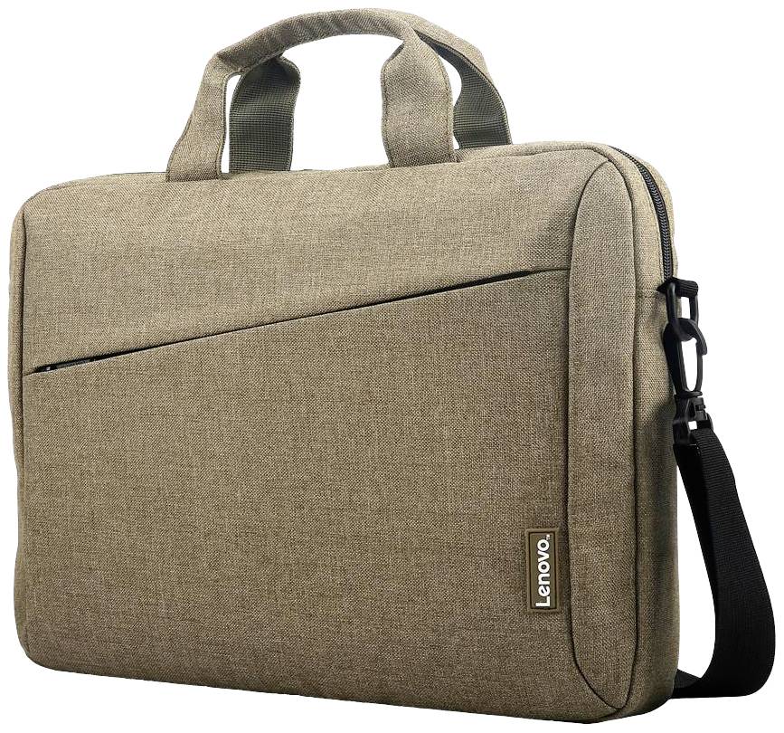 Béžová laptopová taška s rukojetí, odnímatelným ramenním popruhem a zipovou kapsou. Viditelné logo značky Lenovo.
