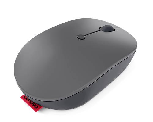 Šedá bezdrátová počítačová myš značky Lenovo s minimalistickým designem a červeným štítkem na spodní straně.