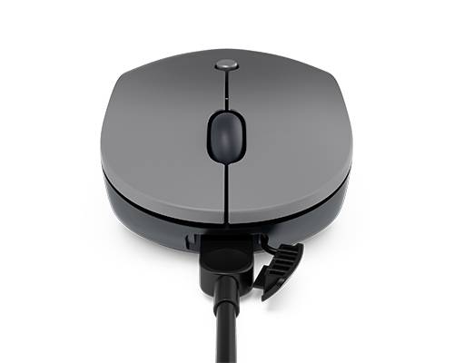 Šedá počítačová myš s připojením přes USB kabel, pohled shora. Má dvě hlavní tlačítka a kolečko uprostřed.