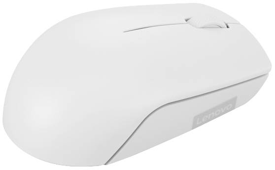 Bezdrátová bílá počítačová myš Lenovo s ergonomickým designem, levostranné tlačítka s kolečkem pro scrollování.