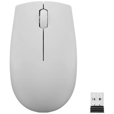 Bílá bezdrátová počítačová myš s šedým kolečkem, vedle které je malý USB přijímač.