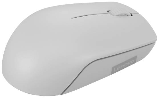 Šedá bezdrátová počítačová myš Lenovo, pohled z boku.