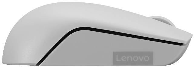 Bílá bezdrátová počítačová myš zachycená z boku, s jednoduchým designem a elegantně zaoblenými tvary, s viditelným logem 'Lenovo'.