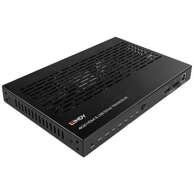 Černý HDMI a USB transceiver s logem LINDY, větrací štěrbinou a konektory na přední straně.