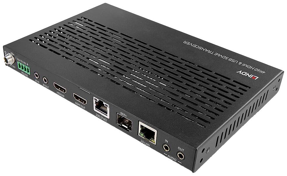 Plochý černý AV transceiver s několika vstupy a výstupy, včetně HDMI, ethernetových a audio konektorů.