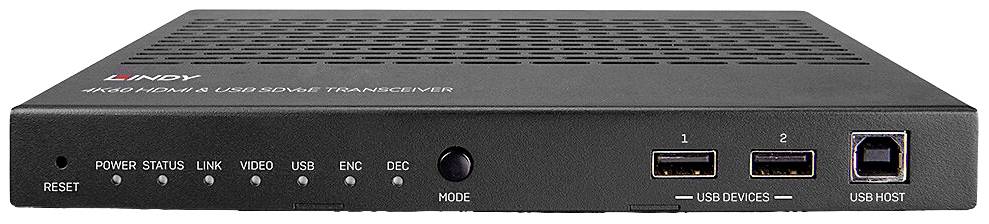 Černý USB transceiver s konektory na přední straně, včetně dvou USB portů a několika kontrolních světel.