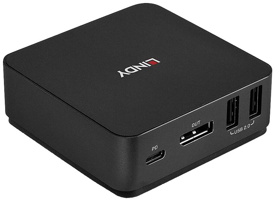 Černý USB hub s několika porty, včetně USB 2.0, HDMI Out a PD. Logo 'LINDY' je umístěno nahoře.