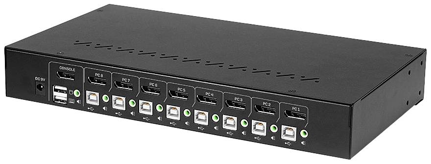 Černý KVM přepínač s několika USB a VGA porty, určený pro ovládání více počítačů pomocí jednoho monitoru, klávesnice a myši.