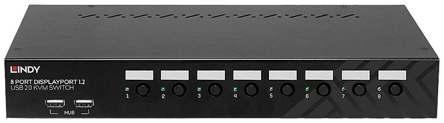 Černý 8-portový KVM přepínač DisplayPort s ovládacími tlačítky a USB porty na přední straně, vhodný pro přepínání mezi několika počítači.