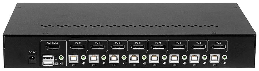 Černý KVM přepínač se sedmi HDMI a USB porty na přední straně, každý označený štítkem 'PC 1' až 'PC 7'.