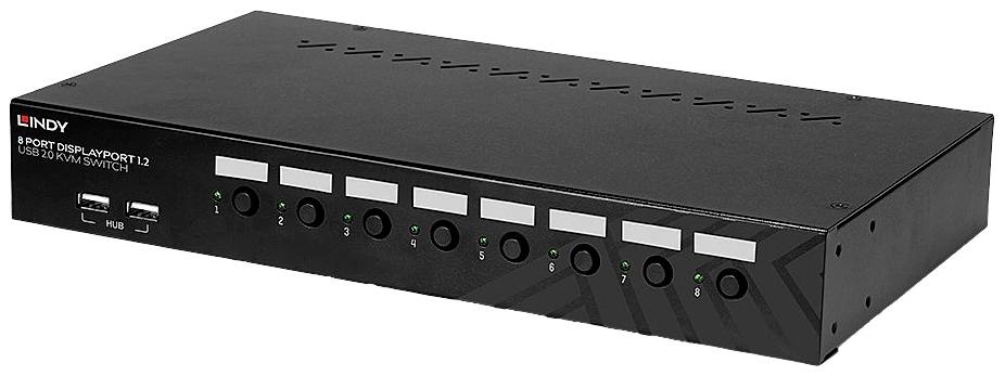 Černý KVM přepínač s osmi tlačítky pro vstupy, dva USB porty na levé straně, název modelu v levém horním rohu.
