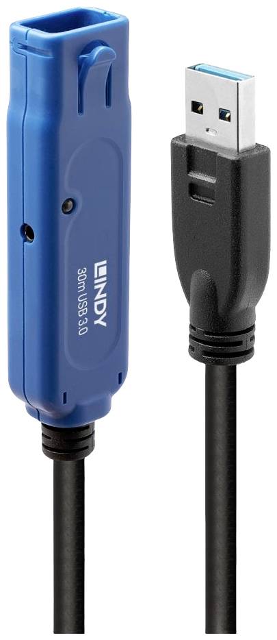 Modrý prodlužovací USB kabel s černým kabelem a USB konektorem. Na modrém plášti je uveden název výrobce.