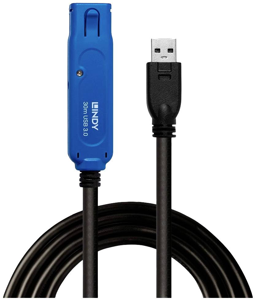USB 3.0 prodlužovací kabel s modrým repeatrovým pouzdrem, kompatibilní s USB zařízeními, určený pro zesílení signálu na delší vzdálenosti.