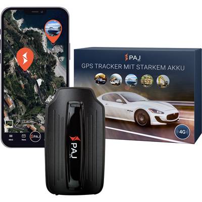 Obrázek produktu zobrazující GPS lokátor PAJ se zobrazením aplikace chytré telefony a balením "GPS TRACKER MIT STARKEM AKKU" s obrázkem automobilu a odznakem 4G.