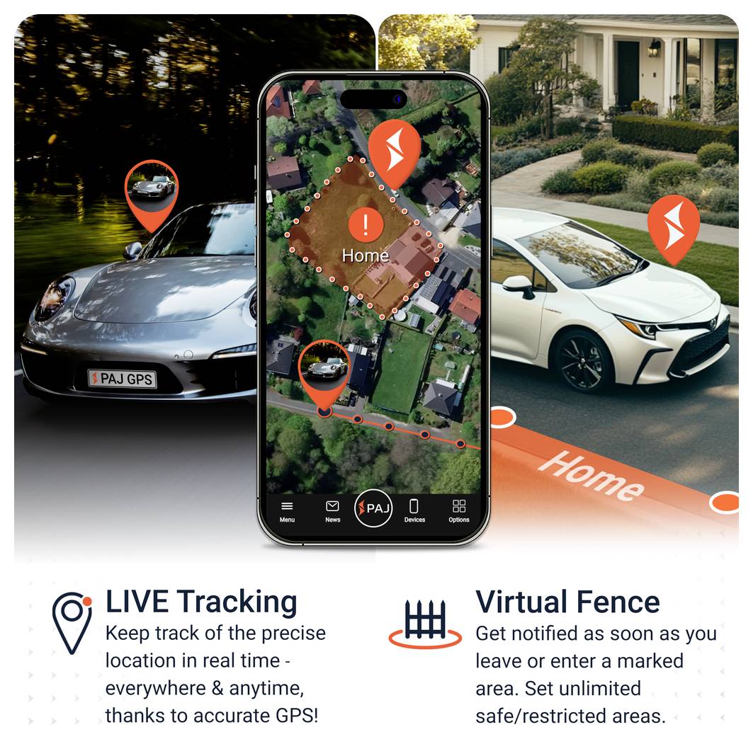 Reklamní grafika pro GPS lokalizaci a bezpečnostní zóny: Sledování vozidla na mapě chytrého telefonu, označená oblast "Domů" a alarm při opuštění nebo vstupu.