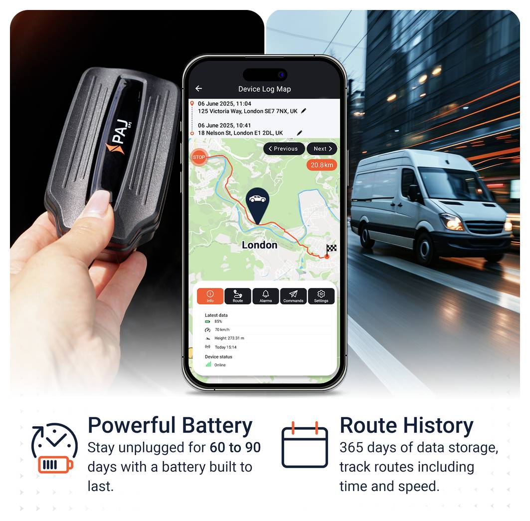 Reklamní grafika pro GPS sledovač: Ruka drží zařízení, smartphone zobrazuje mapu trasy, vpravo jedoucí dodávka; pod tím text o výkonné baterii a ukládání tras.